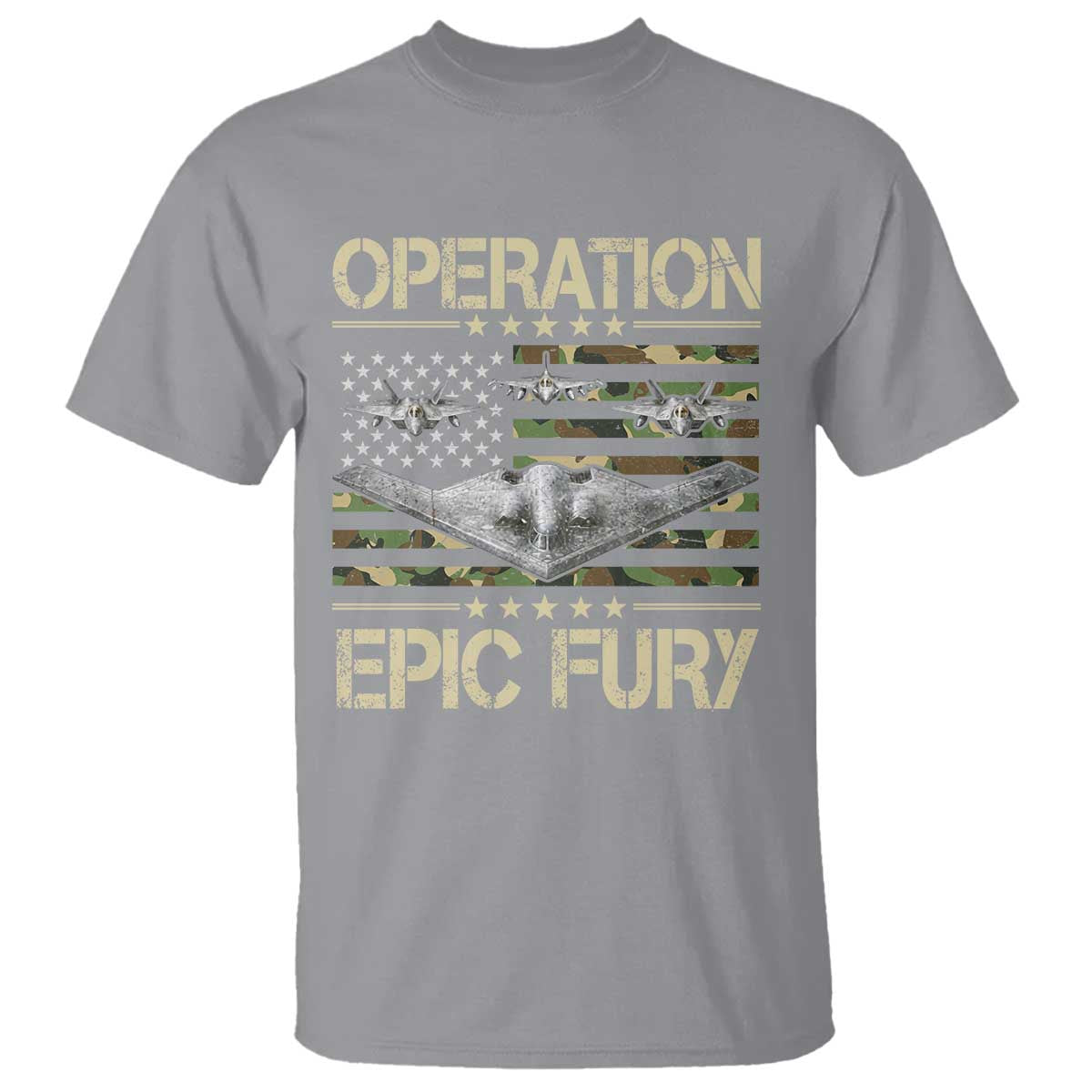 Operation Epic Fury Camo American Flag T Shirt B12 Spirit Stealth Bomber Formation Patriotic Air Power