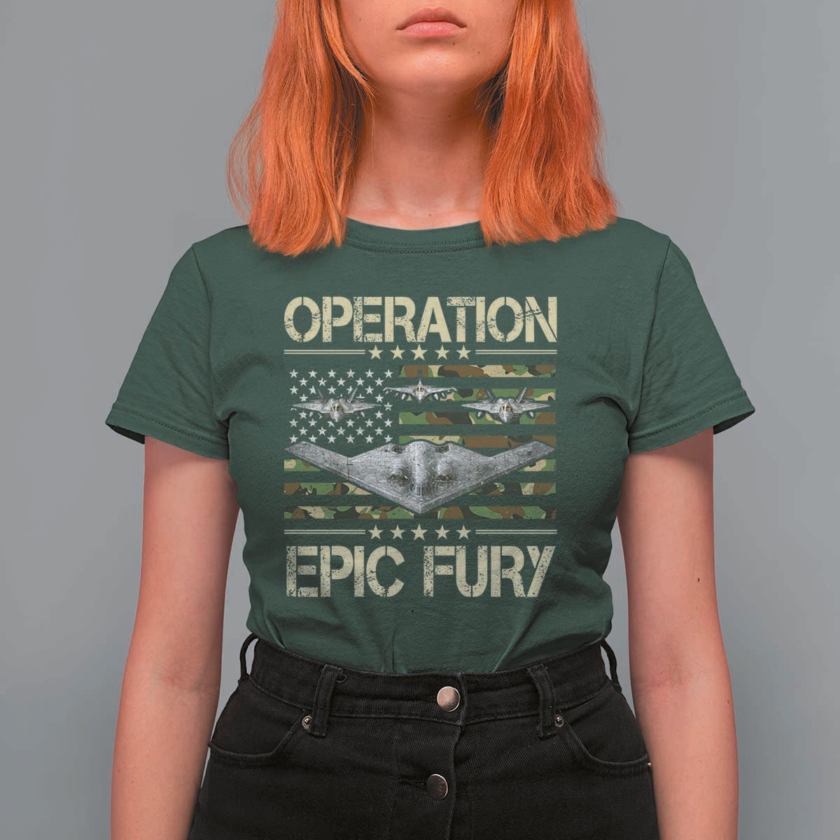 Operation Epic Fury Camo American Flag T Shirt For Women B12 Spirit Stealth Bomber Formation Patriotic Air Power