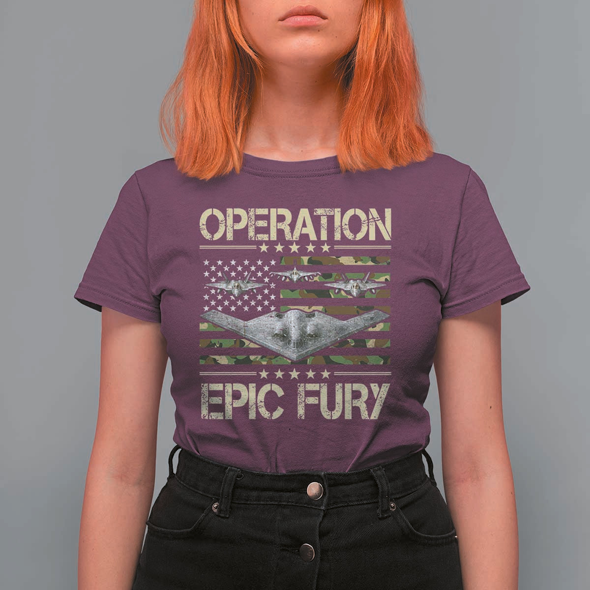 Operation Epic Fury Camo American Flag T Shirt For Women B12 Spirit Stealth Bomber Formation Patriotic Air Power