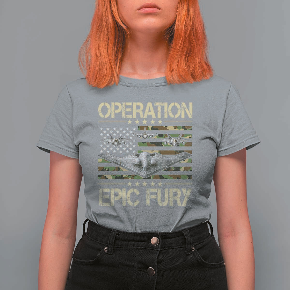 Operation Epic Fury Camo American Flag T Shirt For Women B12 Spirit Stealth Bomber Formation Patriotic Air Power