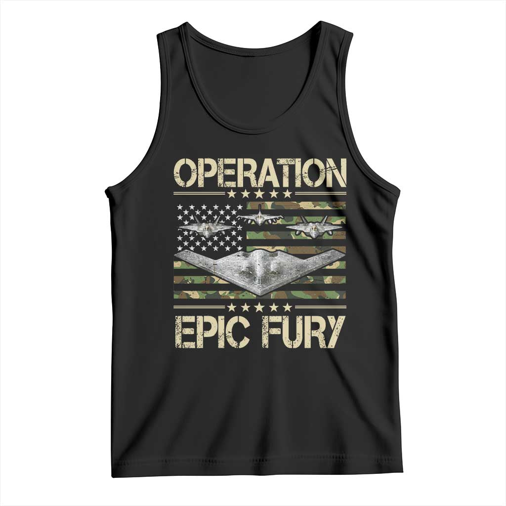 Operation Epic Fury Camo American Flag Tank Top B12 Spirit Stealth Bomber Formation Patriotic Air Power