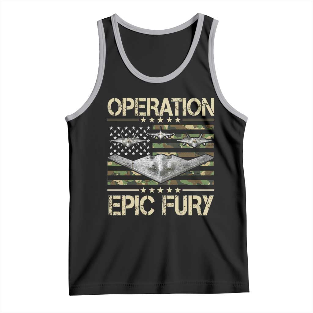 Operation Epic Fury Camo American Flag Tank Top B12 Spirit Stealth Bomber Formation Patriotic Air Power