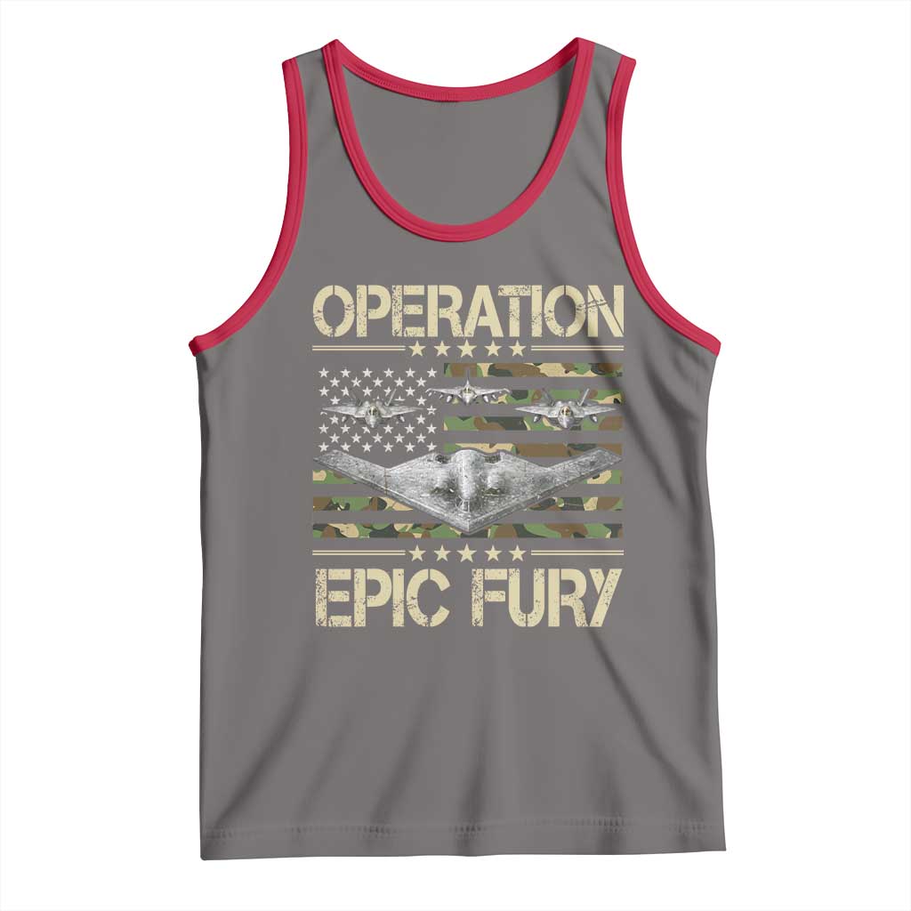 Operation Epic Fury Camo American Flag Tank Top B12 Spirit Stealth Bomber Formation Patriotic Air Power
