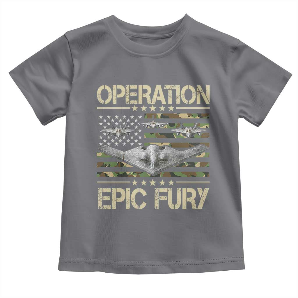 Operation Epic Fury Camo American Flag Toddler T Shirt B12 Spirit Stealth Bomber Formation Patriotic Air Power