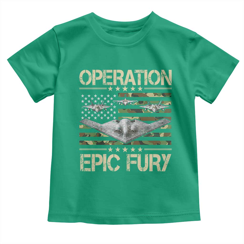 Operation Epic Fury Camo American Flag Toddler T Shirt B12 Spirit Stealth Bomber Formation Patriotic Air Power
