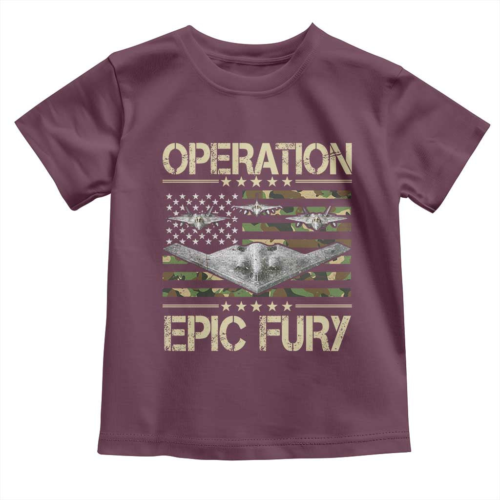 Operation Epic Fury Camo American Flag Toddler T Shirt B12 Spirit Stealth Bomber Formation Patriotic Air Power