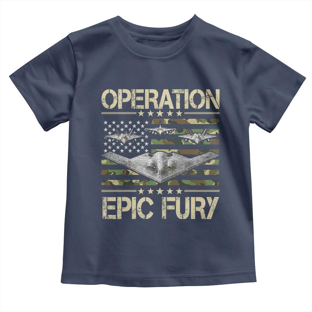 Operation Epic Fury Camo American Flag Toddler T Shirt B12 Spirit Stealth Bomber Formation Patriotic Air Power