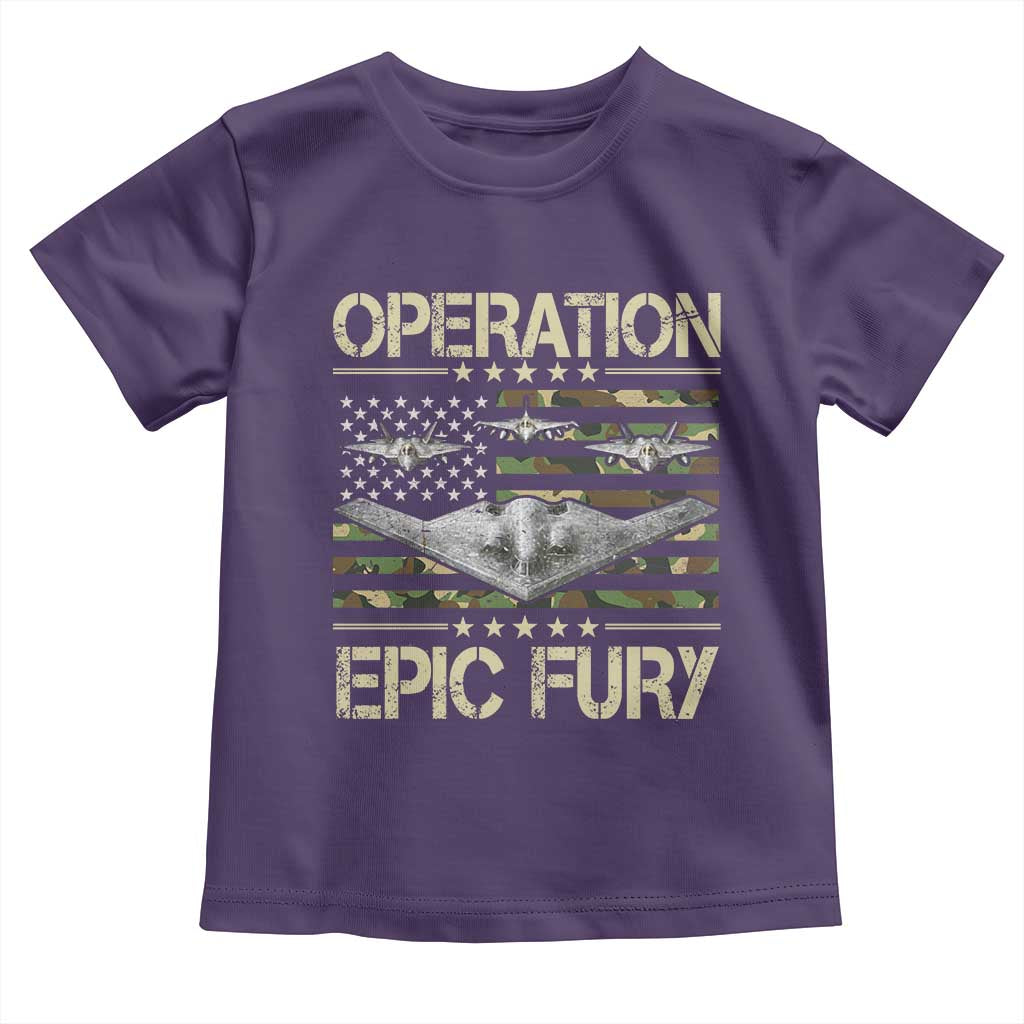 Operation Epic Fury Camo American Flag Toddler T Shirt B12 Spirit Stealth Bomber Formation Patriotic Air Power