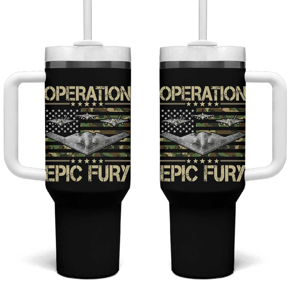 Operation Epic Fury Camo American Flag Tumbler With Handle B12 Spirit Stealth Bomber Formation Patriotic Air Power