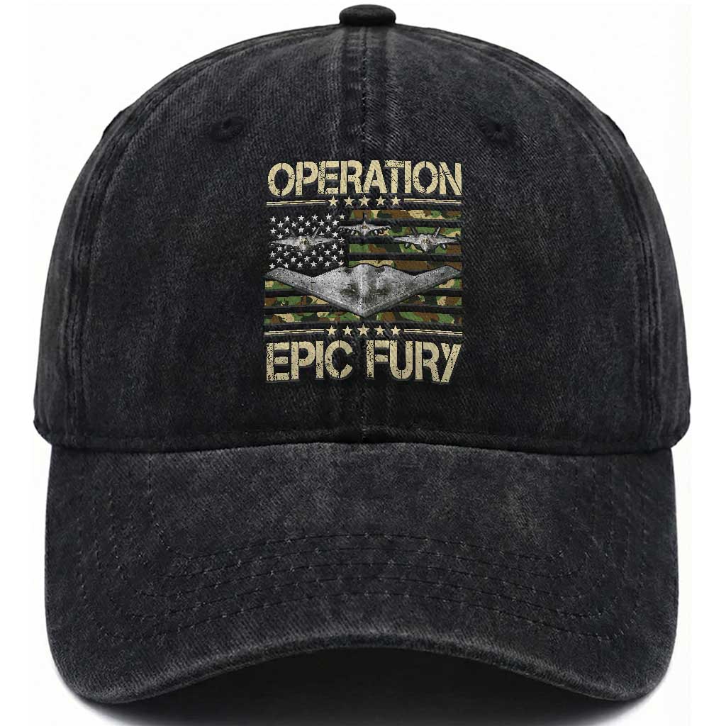 Operation Epic Fury Camo American Flag Washed Cotton Baseball Cap B12 Spirit Stealth Bomber Formation Patriotic Air Power