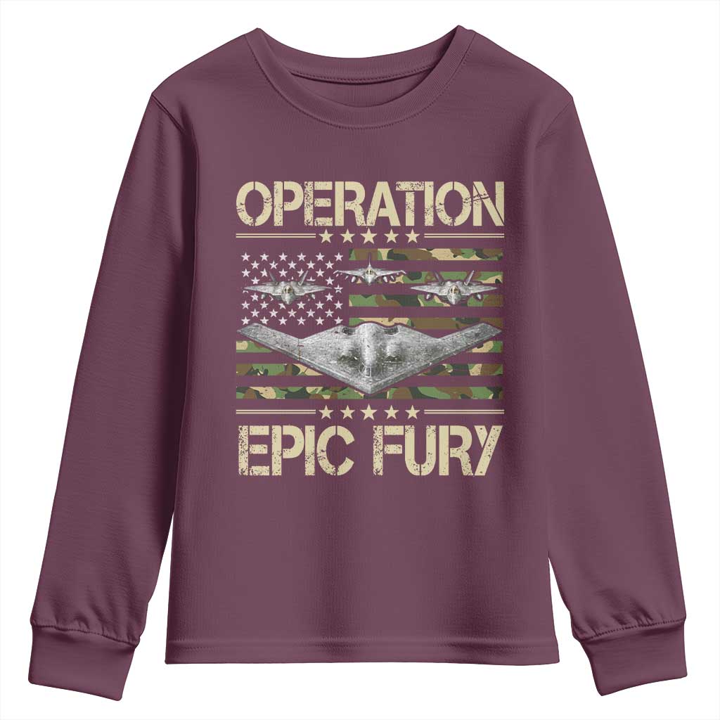Operation Epic Fury Camo American Flag Youth Sweatshirt B12 Spirit Stealth Bomber Formation Patriotic Air Power