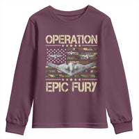 Operation Epic Fury Camo American Flag Youth Sweatshirt B12 Spirit Stealth Bomber Formation Patriotic Air Power