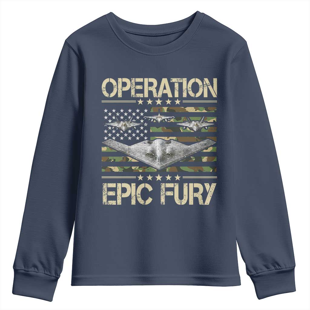 Operation Epic Fury Camo American Flag Youth Sweatshirt B12 Spirit Stealth Bomber Formation Patriotic Air Power