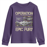 Operation Epic Fury Camo American Flag Youth Sweatshirt B12 Spirit Stealth Bomber Formation Patriotic Air Power