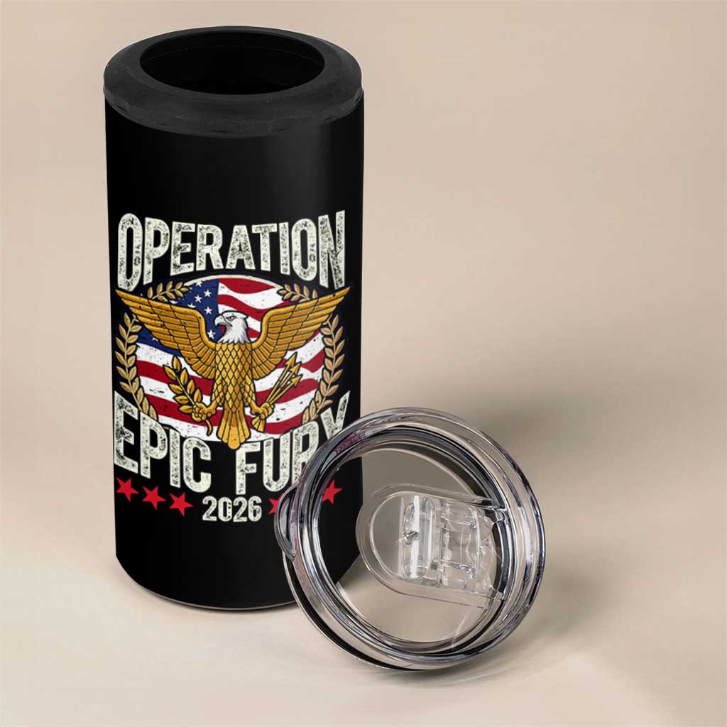 Operation Epic Fury 2026 Patriotic Eagle Crest 4 in 1 Can Cooler Tumbler American Strength and Freedom