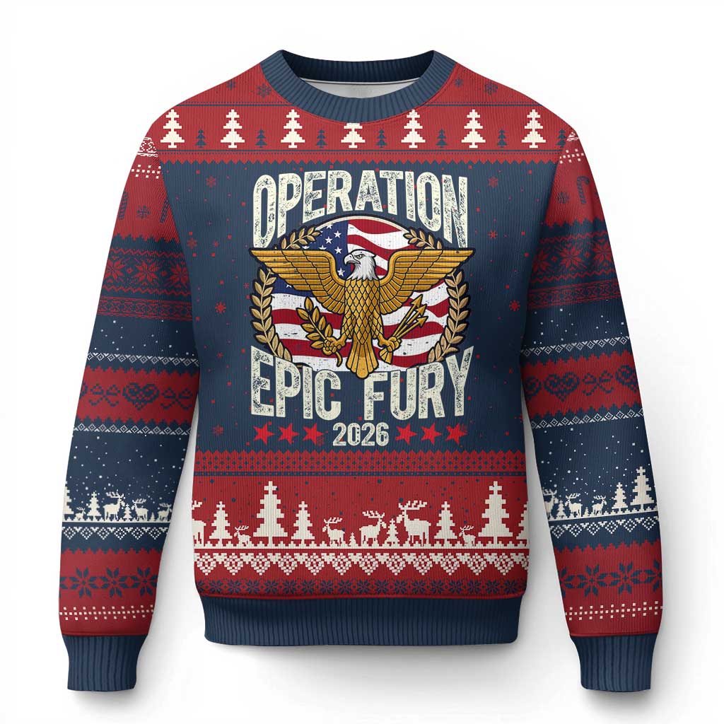 Operation Epic Fury 2026 Patriotic Eagle Crest Ugly Christmas Sweater American Strength and Freedom