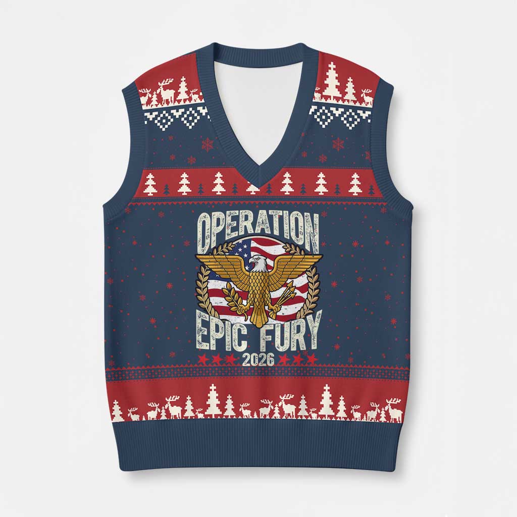 Operation Epic Fury 2026 Patriotic Eagle Crest V-Neck Knit Sweater Vest American Strength and Freedom