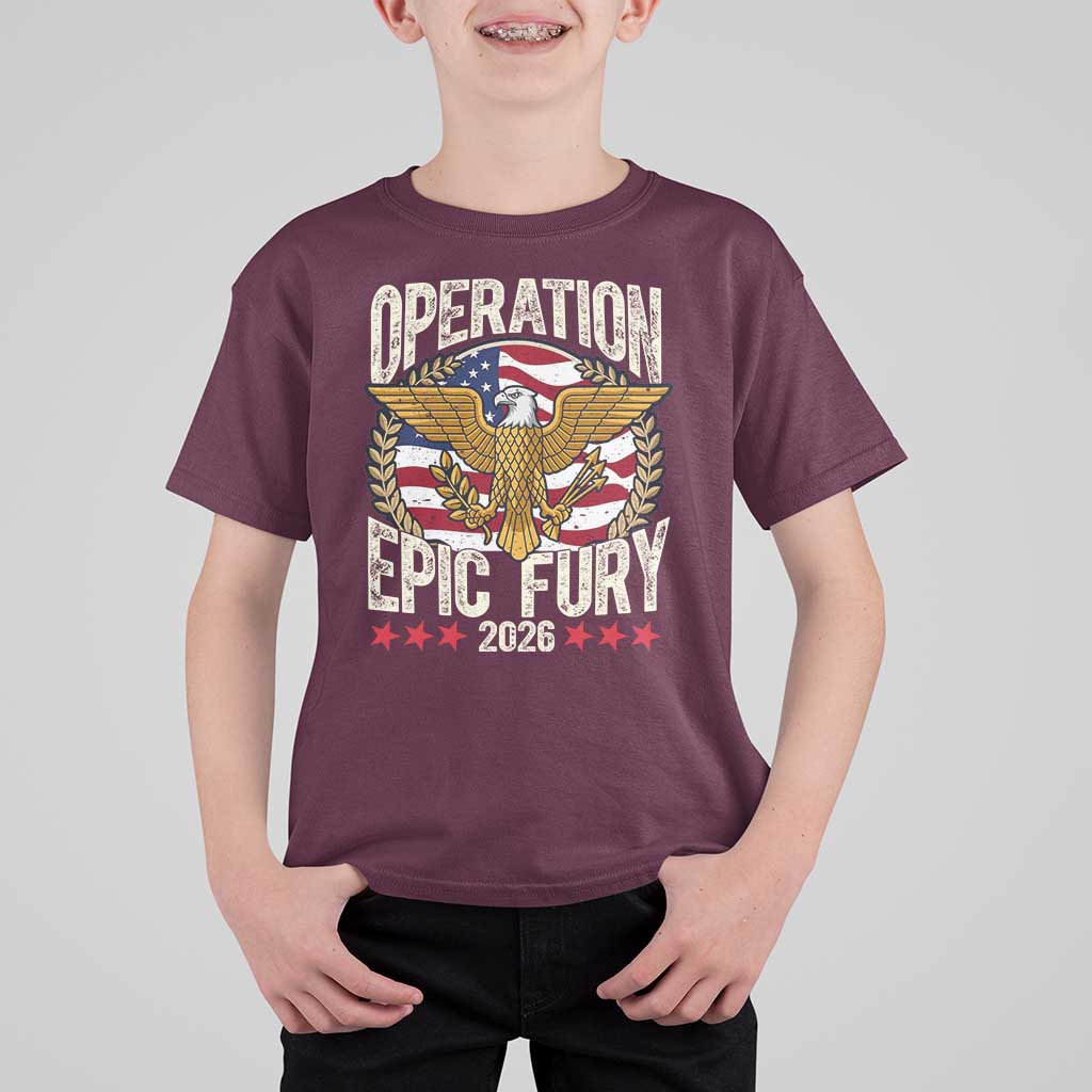 Operation Epic Fury 2026 Patriotic Eagle Crest T Shirt For Kid American Strength and Freedom