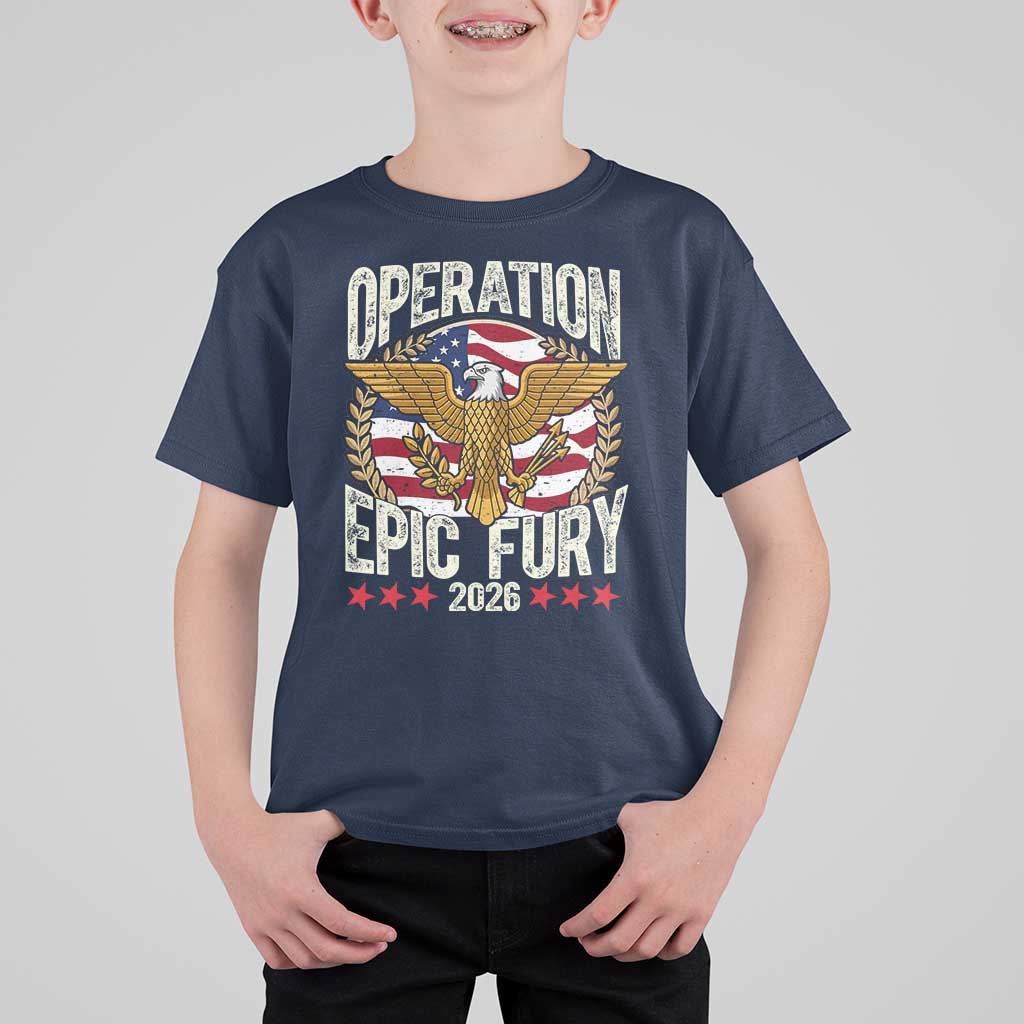 Operation Epic Fury 2026 Patriotic Eagle Crest T Shirt For Kid American Strength and Freedom
