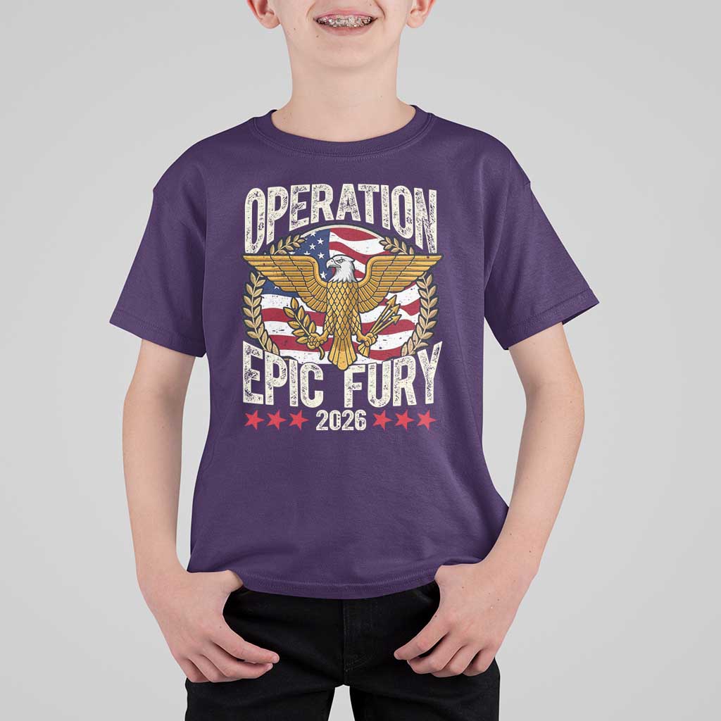 Operation Epic Fury 2026 Patriotic Eagle Crest T Shirt For Kid American Strength and Freedom