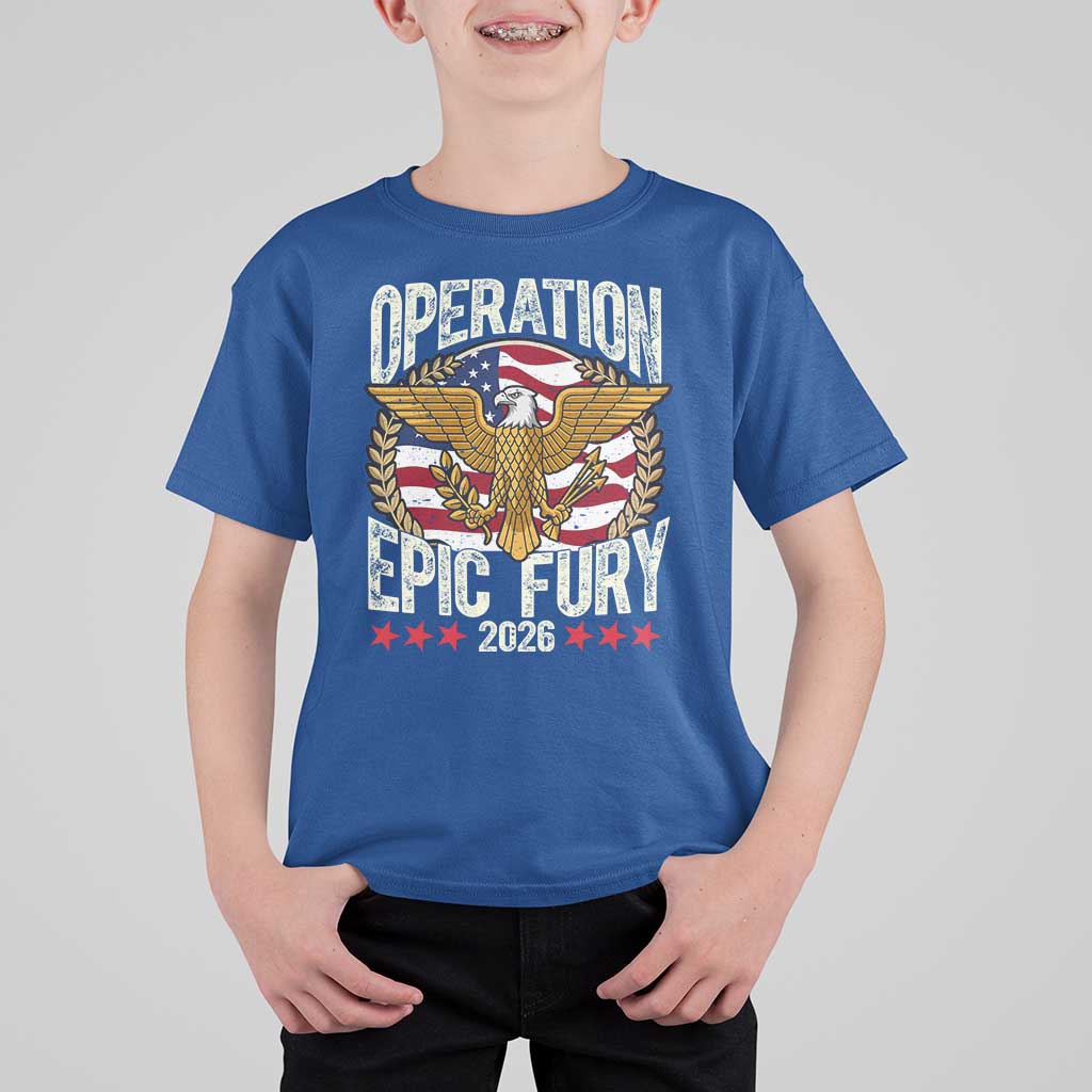 Operation Epic Fury 2026 Patriotic Eagle Crest T Shirt For Kid American Strength and Freedom