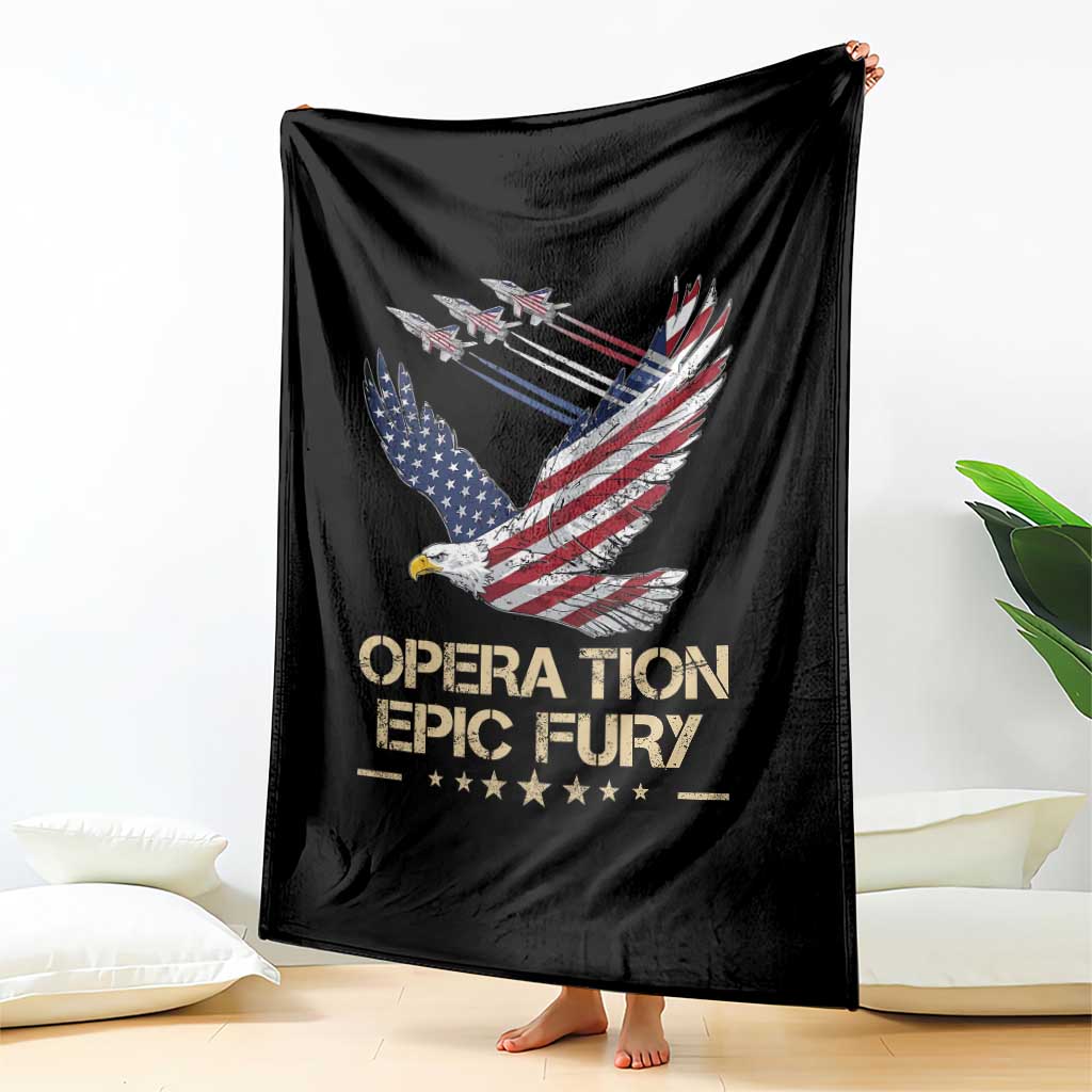 Operation Epic Fury American Eagle Flag Throw Blanket Jet Flyover USA Freedom