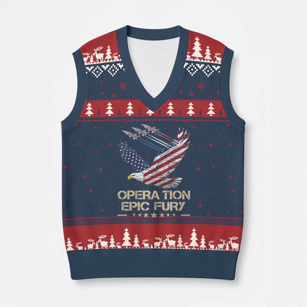 Operation Epic Fury American Eagle Flag V-Neck Knit Sweater Vest Jet Flyover USA Freedom