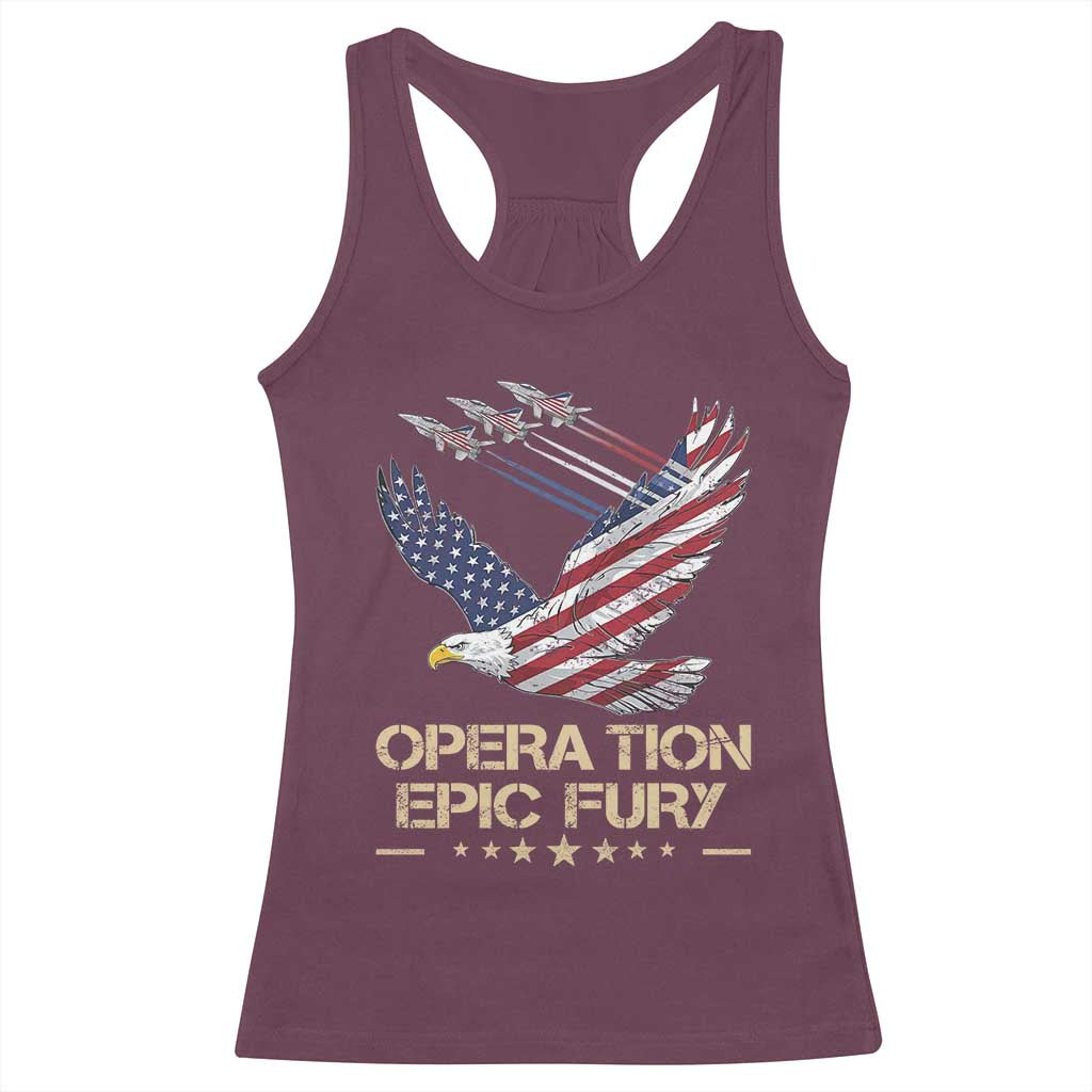 Operation Epic Fury American Eagle Flag Racerback Tank Top Jet Flyover USA Freedom