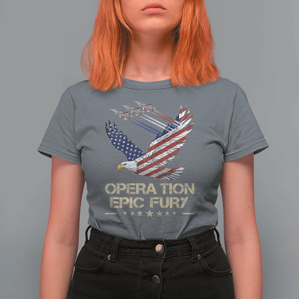 Operation Epic Fury American Eagle Flag T Shirt For Women Jet Flyover USA Freedom