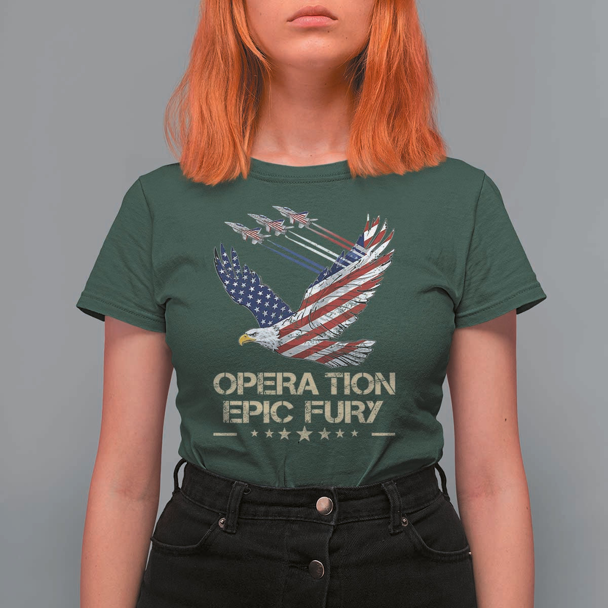 Operation Epic Fury American Eagle Flag T Shirt For Women Jet Flyover USA Freedom