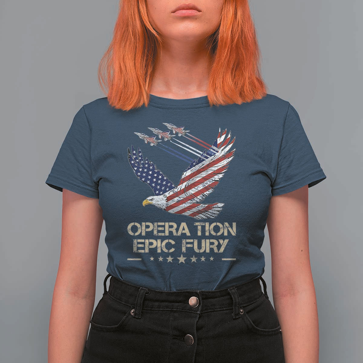 Operation Epic Fury American Eagle Flag T Shirt For Women Jet Flyover USA Freedom