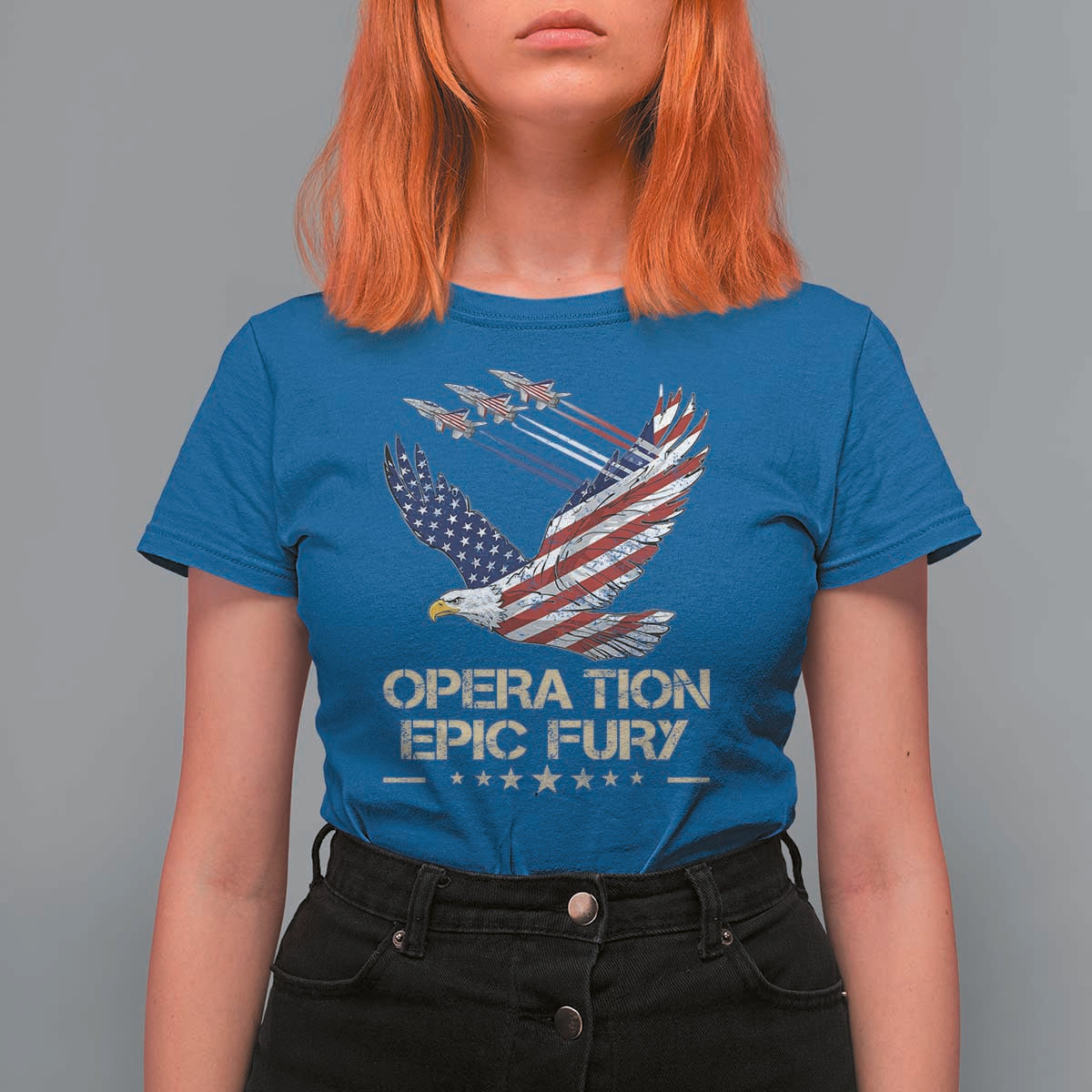 Operation Epic Fury American Eagle Flag T Shirt For Women Jet Flyover USA Freedom