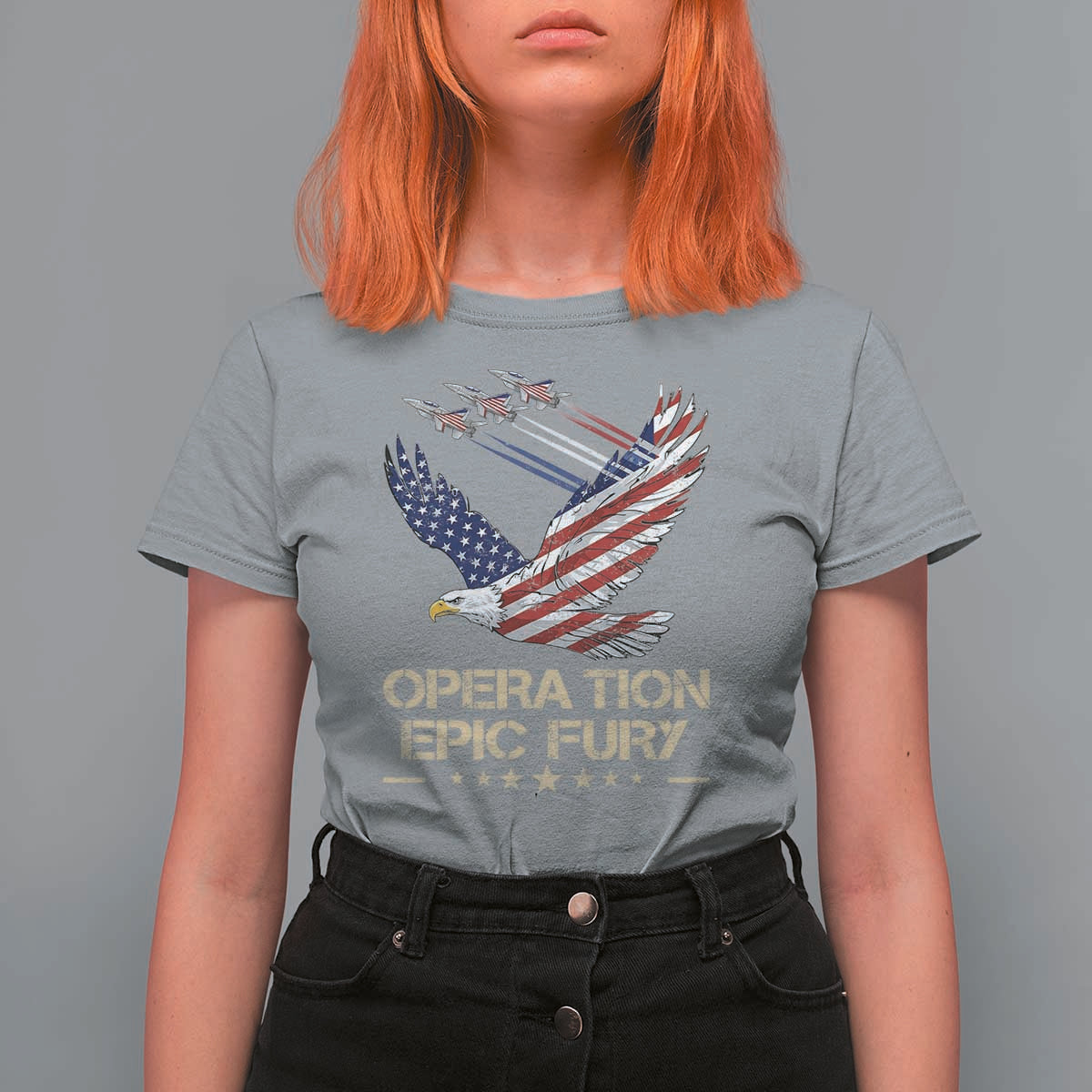Operation Epic Fury American Eagle Flag T Shirt For Women Jet Flyover USA Freedom