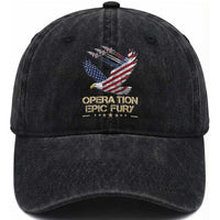 Operation Epic Fury American Eagle Flag Washed Cotton Baseball Cap Jet Flyover USA Freedom