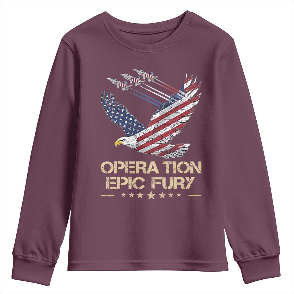 Operation Epic Fury American Eagle Flag Youth Sweatshirt Jet Flyover USA Freedom
