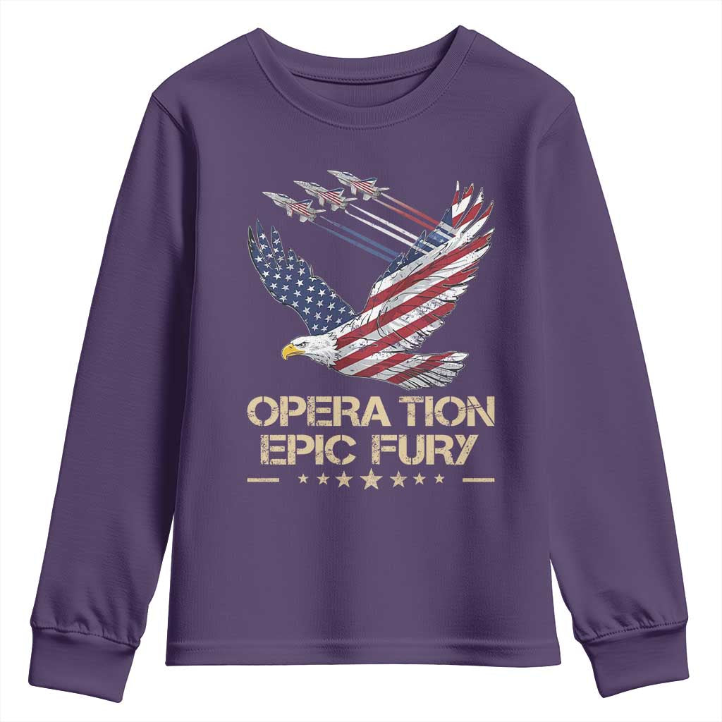 Operation Epic Fury American Eagle Flag Youth Sweatshirt Jet Flyover USA Freedom