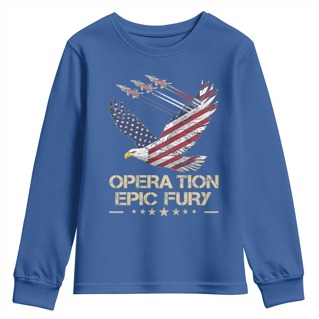 Operation Epic Fury American Eagle Flag Youth Sweatshirt Jet Flyover USA Freedom