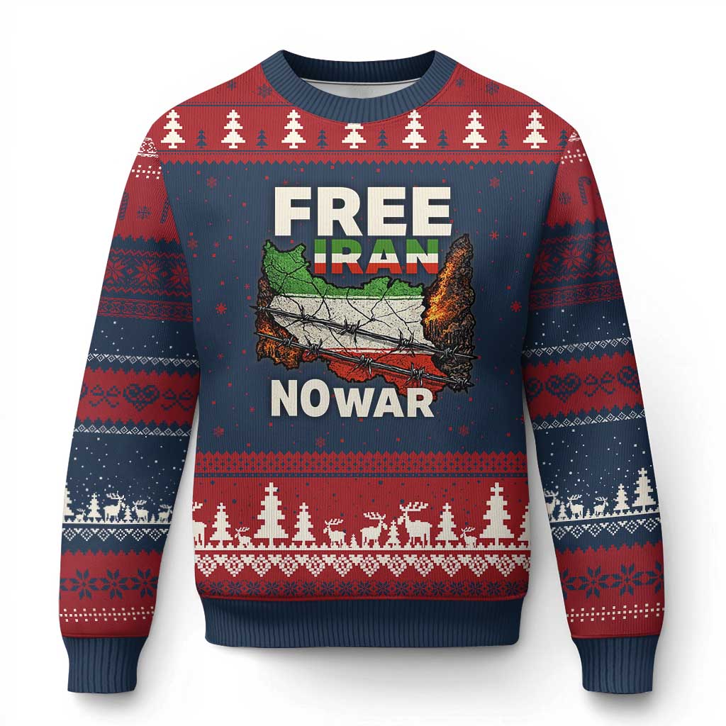 Free Iran No War Protest Graphic Ugly Christmas Sweater Barbed Wire Freedom Human Rights Solidarity