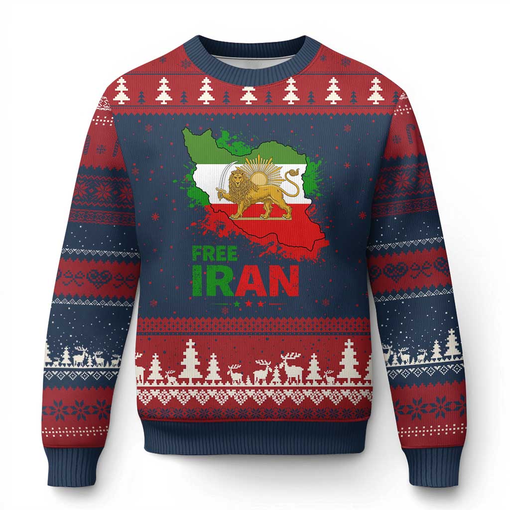 Free Iran Lion And Sun Map Graphic Ugly Christmas Sweater Persian Heritage Freedom Support