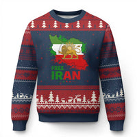 Free Iran Lion And Sun Map Graphic Ugly Christmas Sweater Persian Heritage Freedom Support