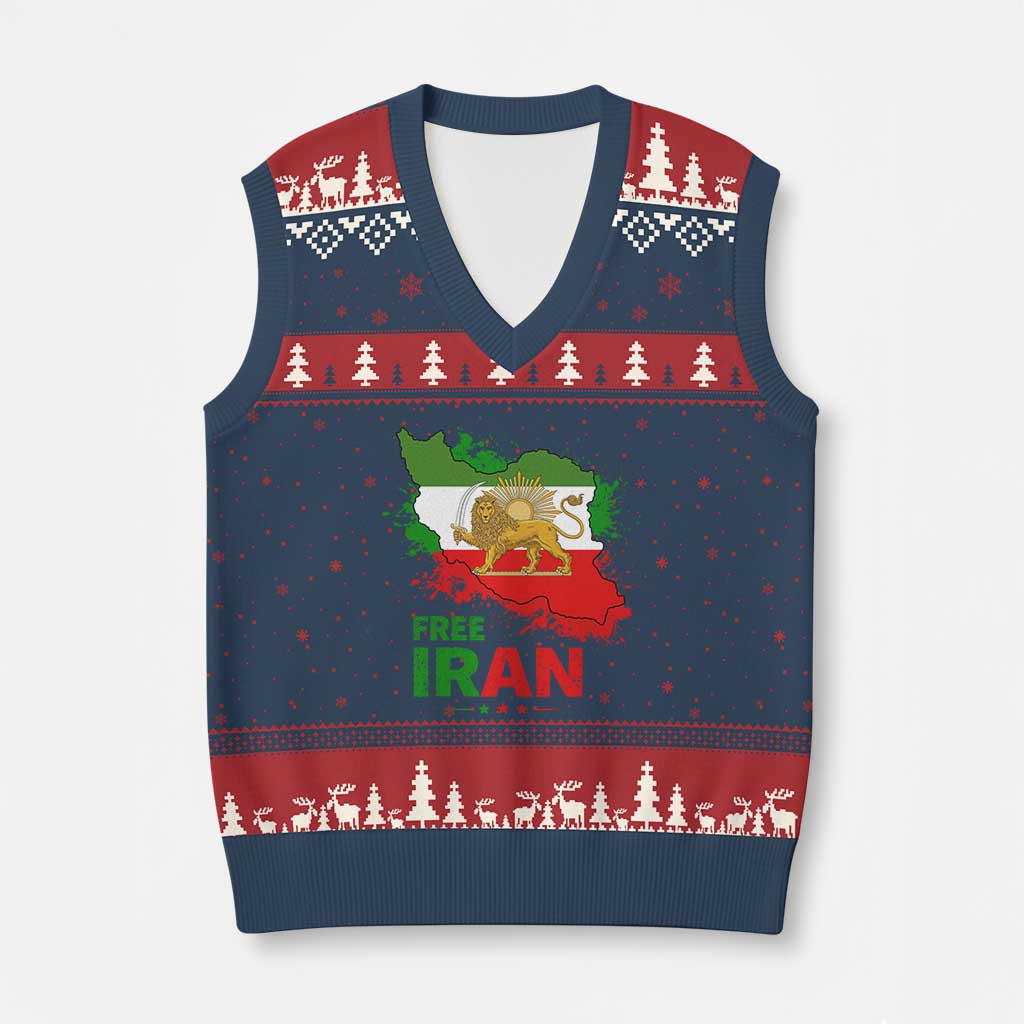 Free Iran Lion And Sun Map Graphic V-Neck Knit Sweater Vest Persian Heritage Freedom Support