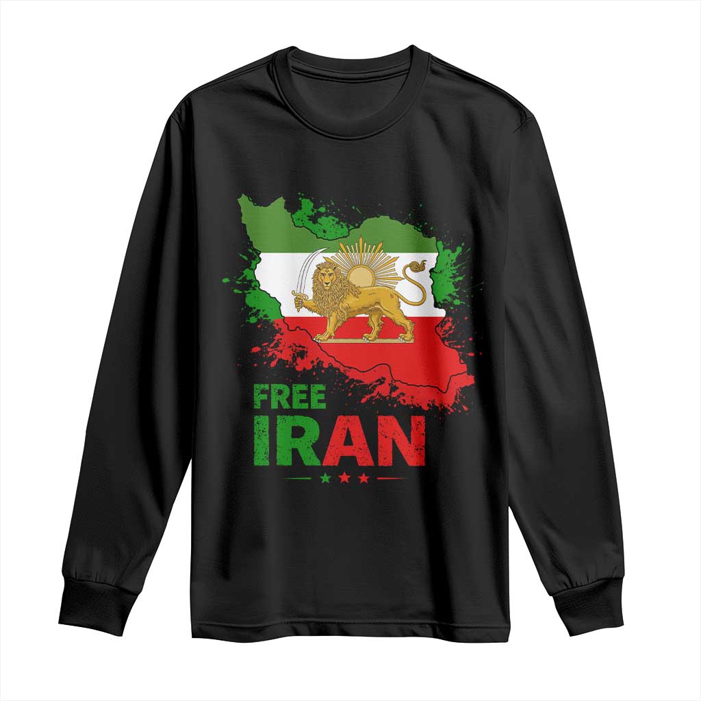 Free Iran Lion And Sun Map Graphic Long Sleeve Shirt Persian Heritage Freedom Support