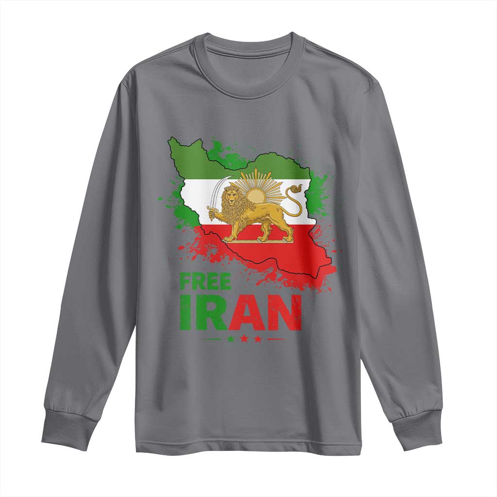 Free Iran Lion And Sun Map Graphic Long Sleeve Shirt Persian Heritage Freedom Support