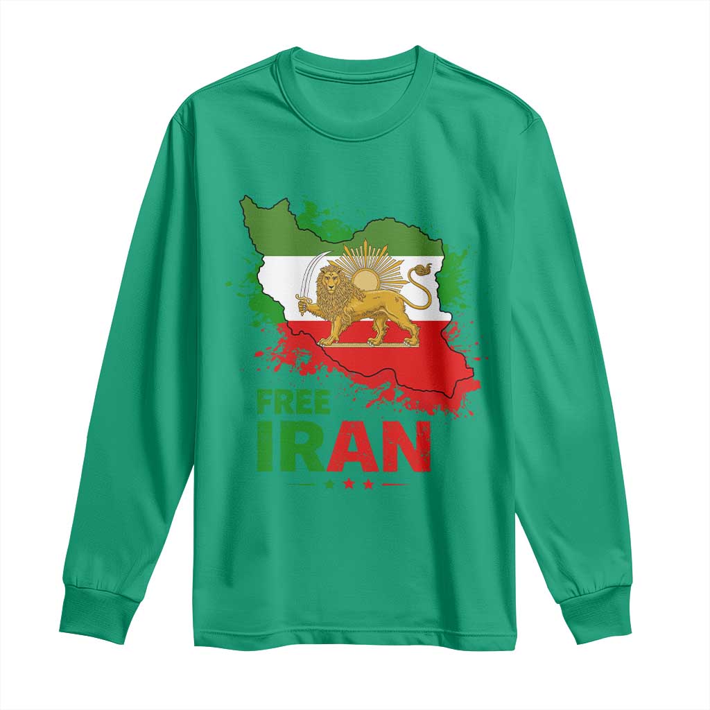 Free Iran Lion And Sun Map Graphic Long Sleeve Shirt Persian Heritage Freedom Support