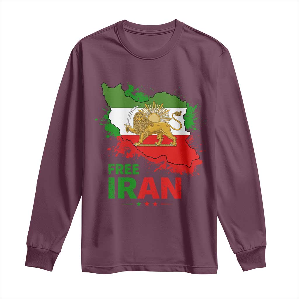 Free Iran Lion And Sun Map Graphic Long Sleeve Shirt Persian Heritage Freedom Support
