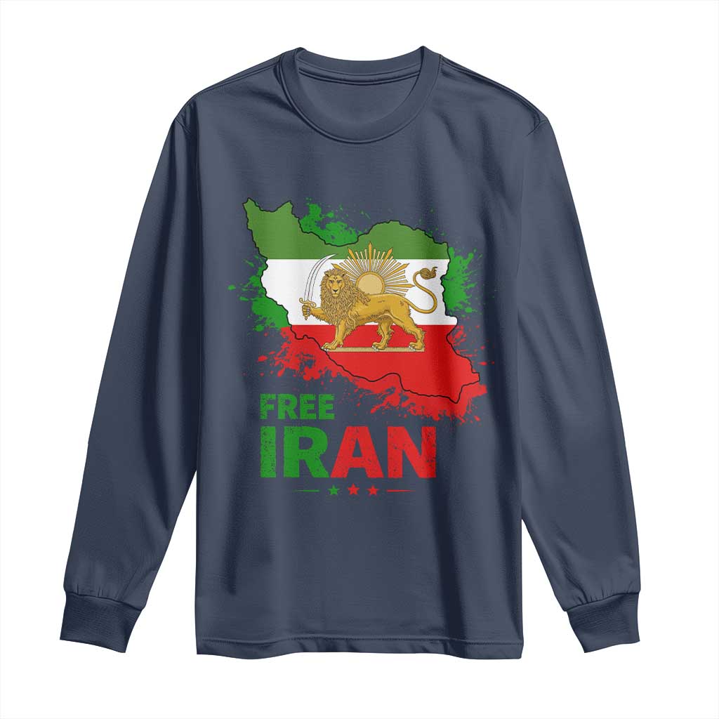 Free Iran Lion And Sun Map Graphic Long Sleeve Shirt Persian Heritage Freedom Support