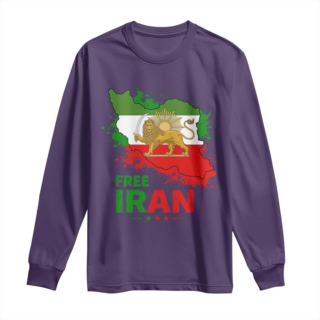Free Iran Lion And Sun Map Graphic Long Sleeve Shirt Persian Heritage Freedom Support