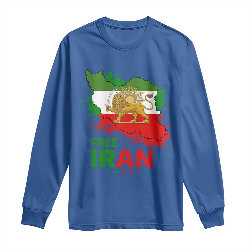 Free Iran Lion And Sun Map Graphic Long Sleeve Shirt Persian Heritage Freedom Support