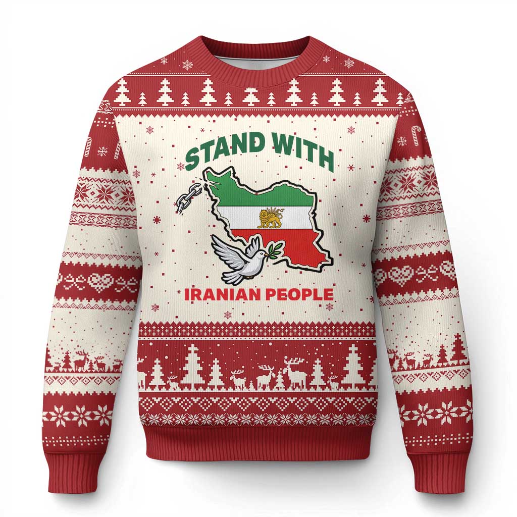 Stand With Iranian People Peace Dove Ugly Christmas Sweater Iran Map Flag Freedom Human Rights Support