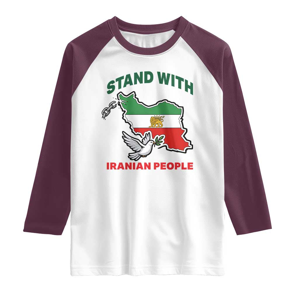 Stand With Iranian People Peace Dove Raglan Shirt Iran Map Flag Freedom Human Rights Support